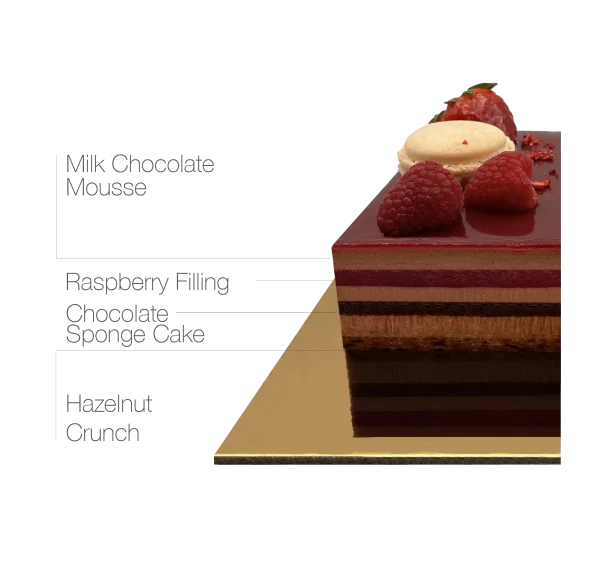 A decadent Bordeauxlait Mousse Cake adorned with chocolate, macarons, and fresh fruits.