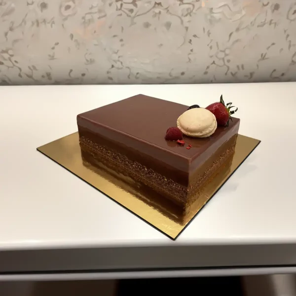 A Passion Mousse Cake, a delightful creation from Pierre and Michel Bakery in Somerville, Ridgewood, Upper Saddle River, and Elmwood Park, NJ
