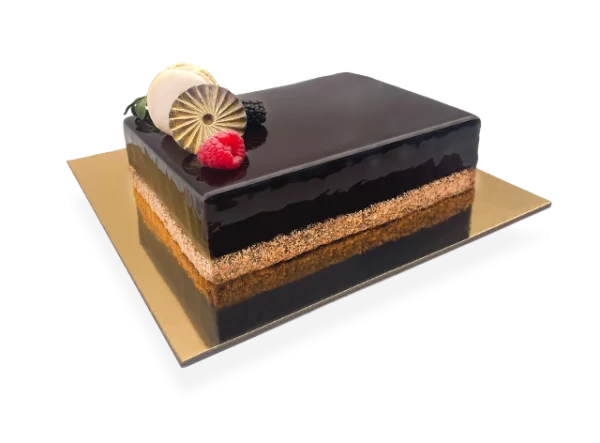 A slice of French Metisse cake, beautifully layered with chocolate sponge, caramel, and creamy filling.