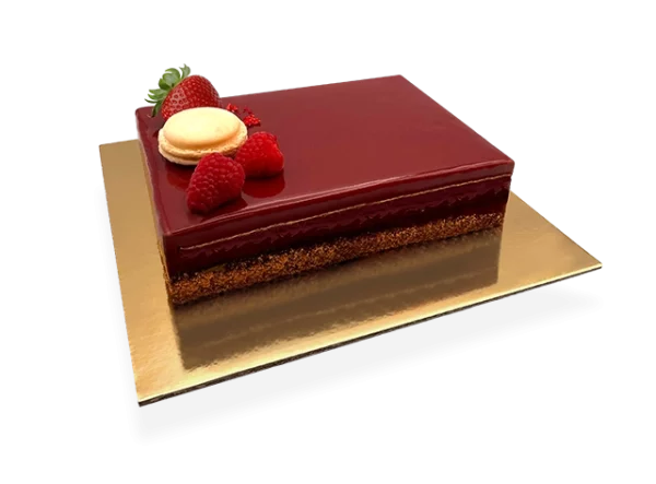 A slice of French Bordeauxlait cake, showcasing layers of chocolate sponge cake, creamy milk chocolate mousse, and a glossy chocolate glaze.