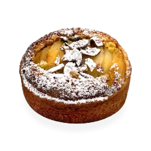 Delicious French tart with a buttery crust, filled with tender pear slices, and garnished with a sprinkle of cinnamon. Pierre and Michel your authentic French bakery
