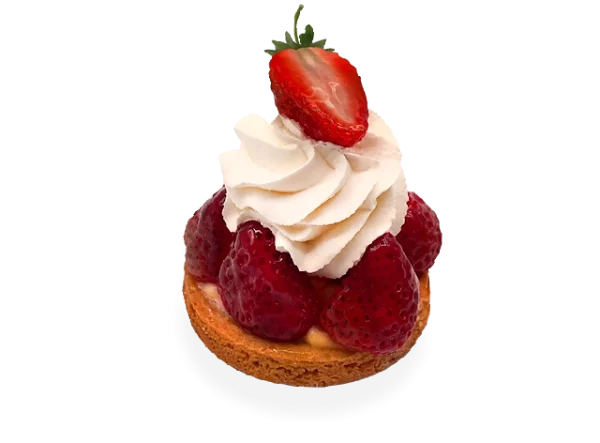 Delicious French tart with a buttery crust, filled with fresh and vibrant strawberry slices, and garnished with a drizzle of strawberry glaze. Pierre and Michel your authentic French bakery