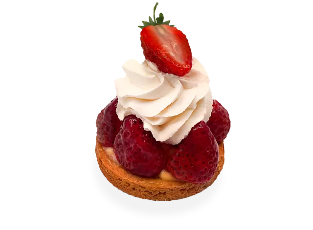 Delicious French tart with a buttery crust, filled with fresh and vibrant strawberry slices, and garnished with a drizzle of strawberry glaze. Pierre and Michel your authentic French bakery