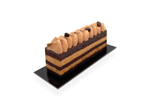 Image of a single serving of French Opera cake. Pierre and Michel your authentic French bakery