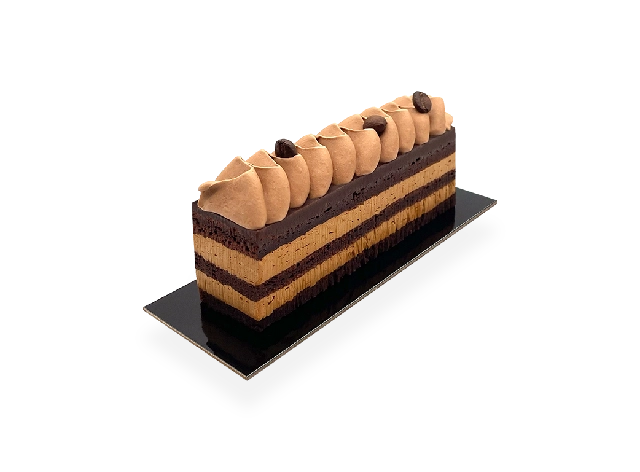 Image of a single serving of French Opera cake. Pierre and Michel your authentic French bakery