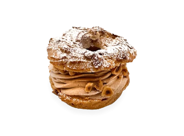 Image of a single serving of French Paris-Brest pastry. Pierre and Michel your authentic French bakery