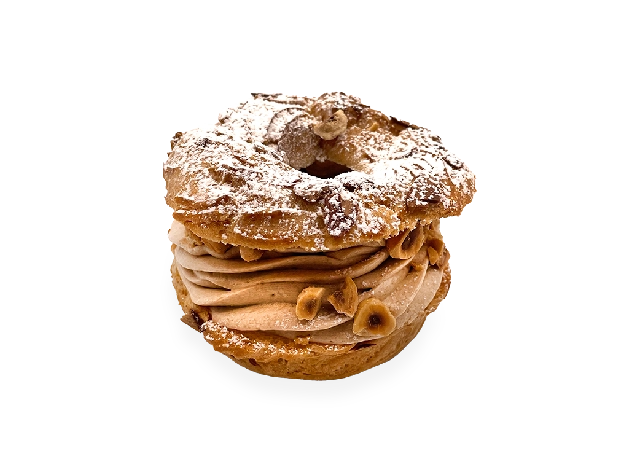 Image of a single serving of French Paris-Brest pastry. Pierre and Michel your authentic French bakery