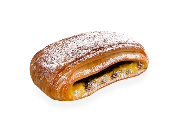 Image of a single serving of French pain suisse. Pierre and Michel your authentic French bakery