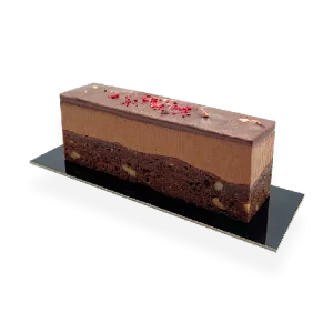 Image of a single serving of French brownie mousse dessert. Pierre and Michel your authentic French bakery