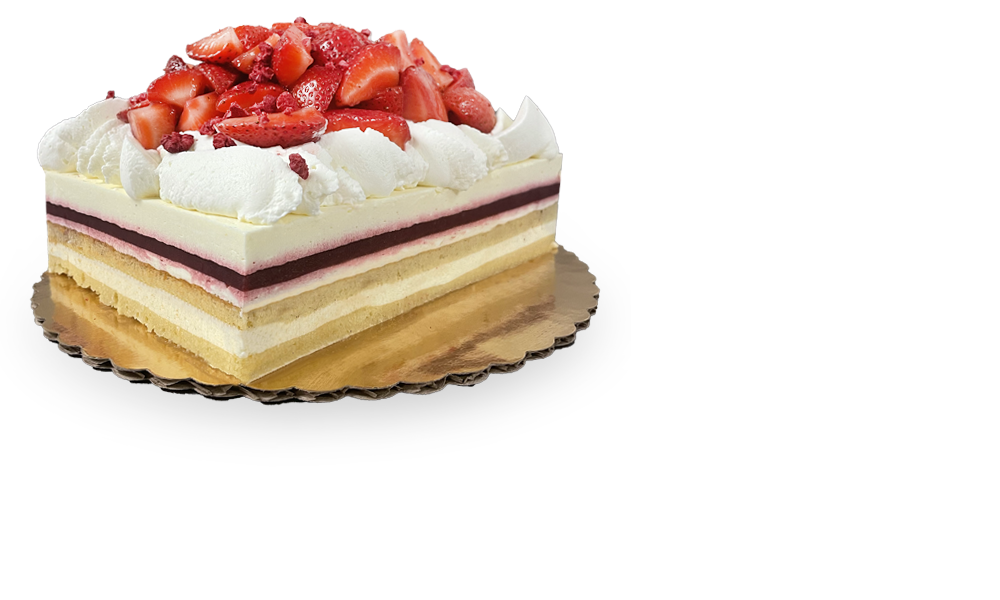 A stunning French Fraisier cake, featuring layers of delicate sponge cake, fresh strawberries, and a luscious vanilla cream filling. Authentic French cakes by Pierre and Michel in New Jersey
