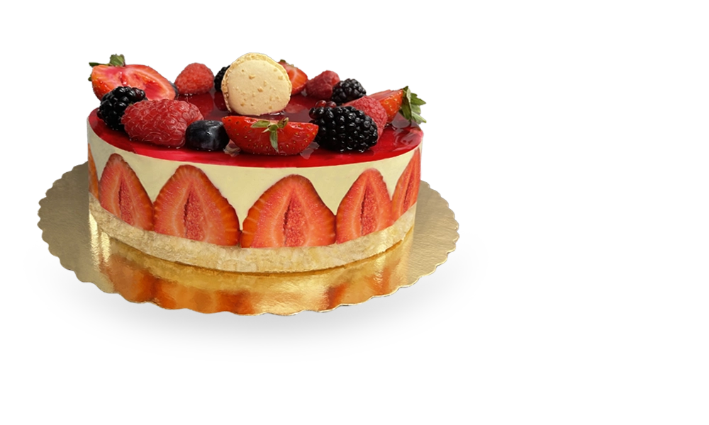 A stunning French Fraisier cake, featuring layers of delicate sponge cake, fresh strawberries, and a luscious vanilla cream filling