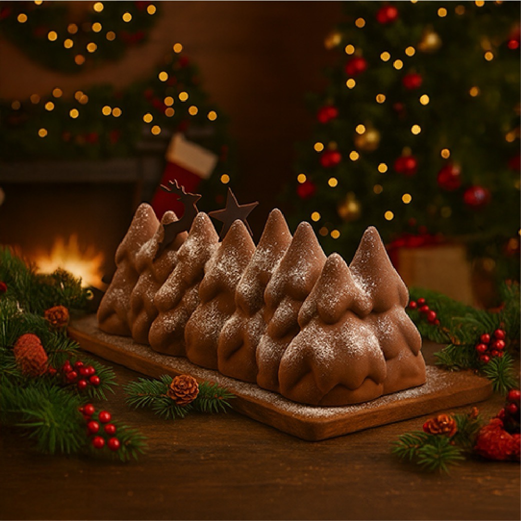 Freshly made Christmas Cake (Yule Log/Bûche de Noël) crafted with premium ingredients, decorated for the holidays, available for online order and pickup in Ridgewood, Upper Saddle River, Elmwood Park, and Somerville, NJ.