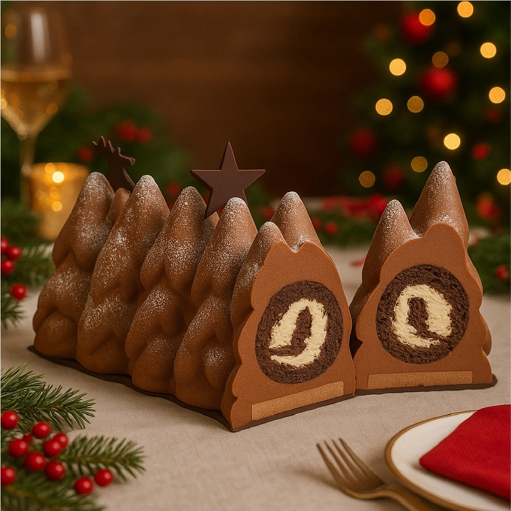 Hazelnut Christmas Cake Yule Log made with dark chocolate, hazelnut cream, and crunchy praline, handcrafted fresh at Pierre & Michel French Bakery in New Jersey.