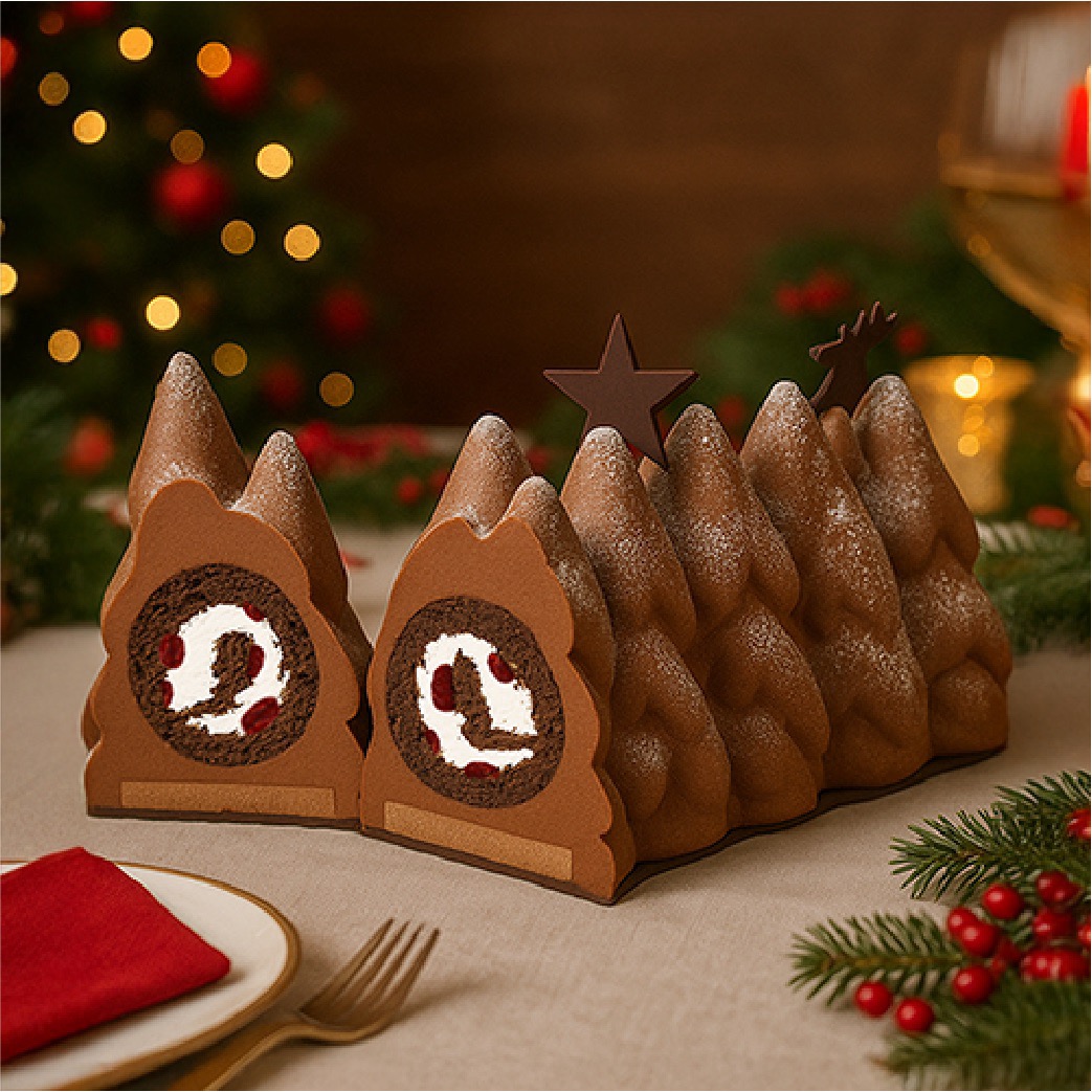 Cherry and Whipped Cream Christmas Cake (Bûche de Noël) made with dark chocolate mousse, cherry filling, chocolate sponge, and Chantilly cream, handmade fresh in New Jersey for holiday celebrations.