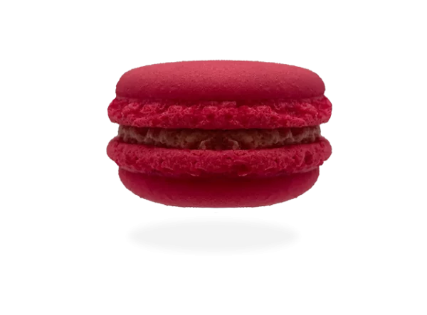 French raspberry macaron with a luscious raspberry filling, adorned with a fresh raspberry on top. by Pierre and Michel your authentic French bakery.
