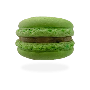 French pistachio macaron with a creamy pistachio filling, delicately garnished with crushed pistachio nuts by Pierre and Michel your authentic French bakery.