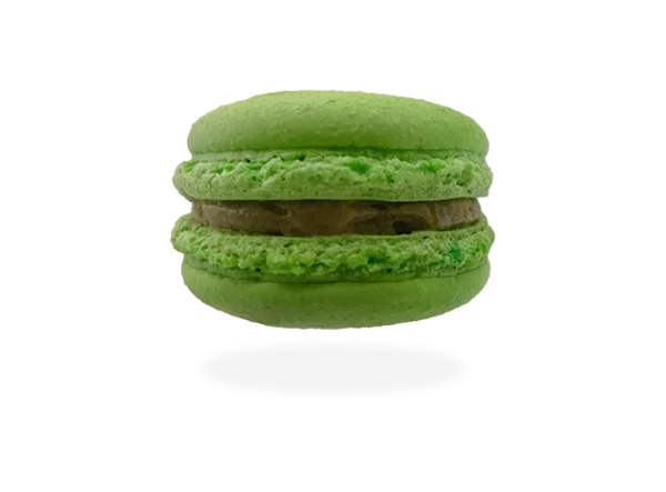 French pistachio macaron with a creamy pistachio filling, delicately garnished with crushed pistachio nuts by Pierre and Michel your authentic French bakery.