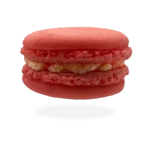 French rose macaron with a delicate rose-flavored filling, beautifully decorated with rose petals by Pierre and Michel your authentic French bakery.