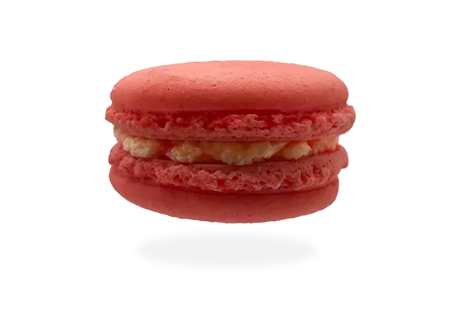 French rose macaron with a delicate rose-flavored filling, beautifully decorated with rose petals by Pierre and Michel your authentic French bakery.