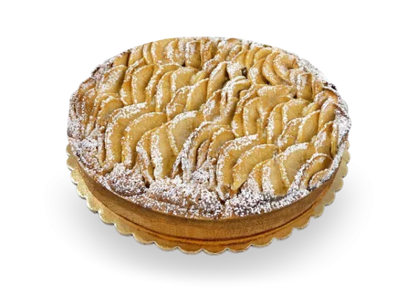 A slice of French apple cake, showcasing layers of moist cake filled with tender apples and dusted with powdered sugar.
