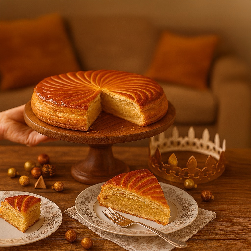 A freshly baked Galette des Rois king cake with golden flaky layers made in-house daily for Epiphany, available for online order and pickup in four New Jersey bakery locations.