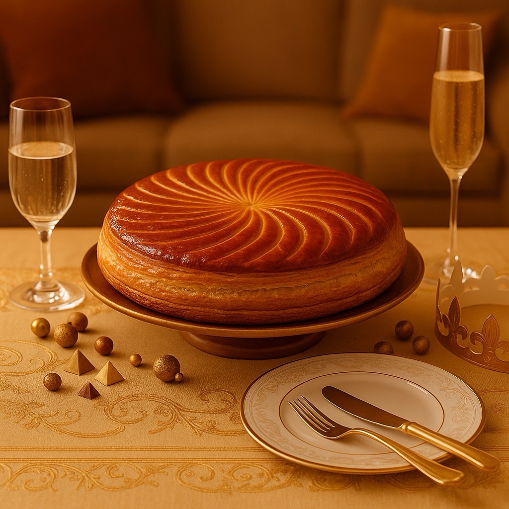 Freshly baked Galette des Rois made with premium ingredients, featuring golden flaky puff pastry and almond frangipane, handcrafted daily for Epiphany at Pierre & Michel French Bakery in New Jersey.