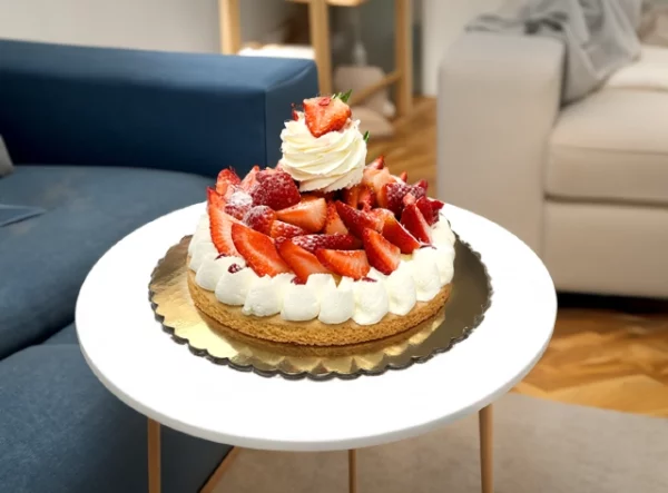 A delectable strawberry tart made fresh for birthdays by Pierre and Michel's Authentic French Bakery.