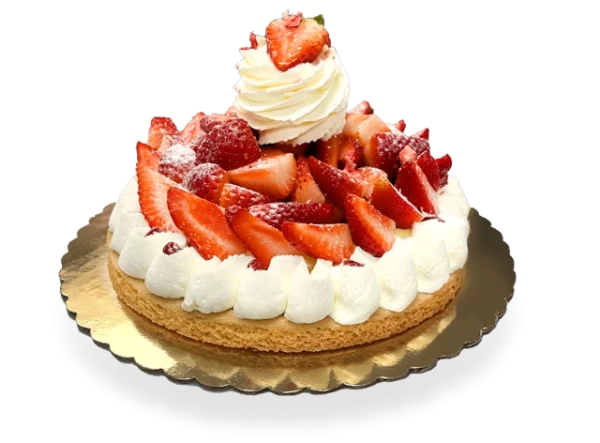 A captivating image showcasing a beautifully crafted Strawberry Tart from Pierre and Michel Authentic French Bakery, adorned with fresh strawberries, creamy Chantilly cream, and a golden-brown crust.