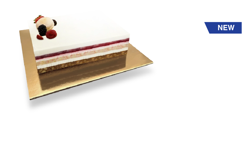 White Chocolate Vanilla Mousse Cake with raspberry and strawberry filling, almond sponge cake, almond crunchy, and decorative assortments of chocolate, macarons, and fruits.