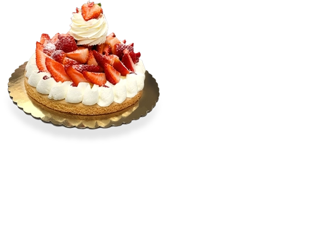 A captivating image showcasing a beautifully crafted Strawberry Tart from Pierre and Michel Authentic French Bakery, adorned with fresh strawberries, creamy Chantilly cream, and a golden-brown crust.