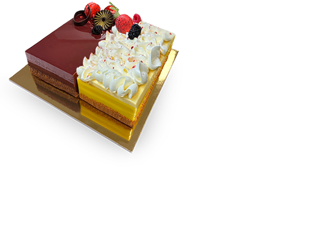A delectable Duo Cake featuring two layers with different flavors, beautifully decorated with swirls of frosting and fresh fruit toppings.