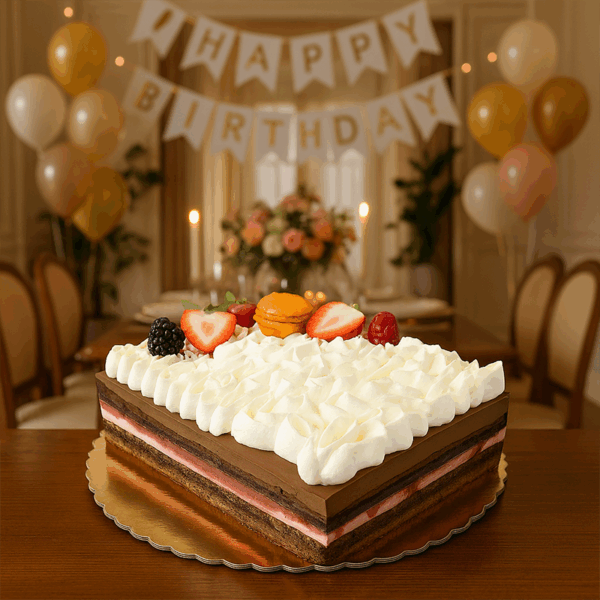 Pierre & Michel Black Forest cake topped with Chantilly cream and cherries