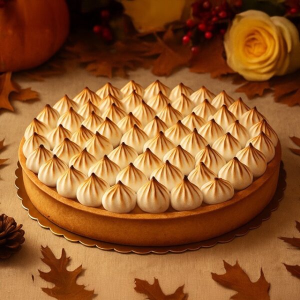 A golden, glossy mango tart with a smooth swirl design and buttery crust, surrounded by autumn leaves and pumpkins in warm Thanksgiving tones.
