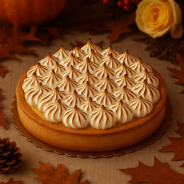 A golden, glossy lemon tart with a smooth swirl design and buttery crust, surrounded by autumn leaves and pumpkins in warm Thanksgiving tones.