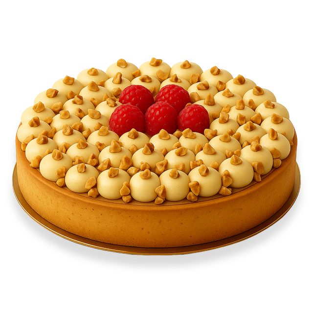 A hazelnut tart from Pierre and Michel featuring a buttery sweet crust, smooth hazelnut paste, white chocolate ganache drops, crushed hazelnut pieces, and fresh raspberries — a luxurious French dessert handcrafted by artisan pastry chefs.