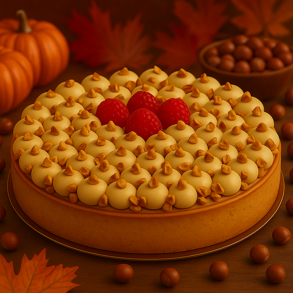 A hazelnut tart from Pierre and Michel featuring a buttery sweet crust, smooth hazelnut paste, white chocolate ganache drops, crushed hazelnut pieces, and fresh raspberries — a luxurious French dessert handcrafted by artisan pastry chefs.