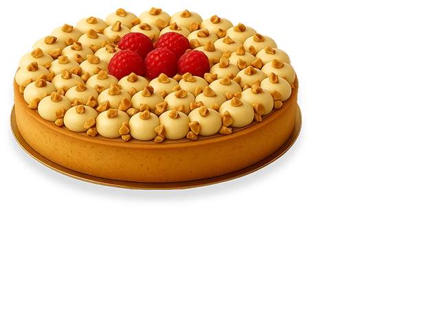 A hazelnut tart from Pierre and Michel featuring a buttery sweet crust, smooth hazelnut paste, white chocolate ganache drops, crushed hazelnut pieces, and fresh raspberries — a luxurious French dessert handcrafted by artisan pastry chefs.