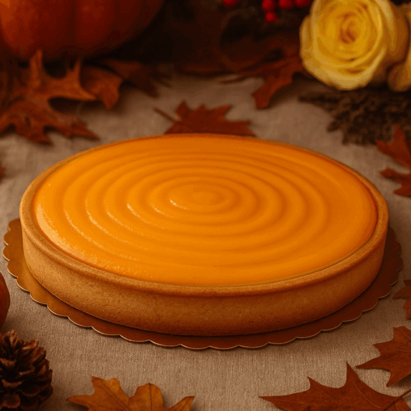 A golden, glossy mango tart with a smooth swirl design and buttery crust, surrounded by autumn leaves and pumpkins in warm Thanksgiving tones.