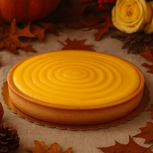 A golden, glossy mango tart with a smooth swirl design and buttery crust, surrounded by autumn leaves and pumpkins in warm Thanksgiving tones.