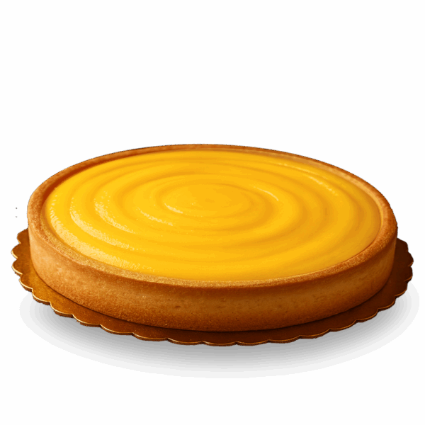 A golden, glossy mango tart with a smooth swirl design and buttery crust, surrounded by autumn leaves and pumpkins in warm Thanksgiving tones.
