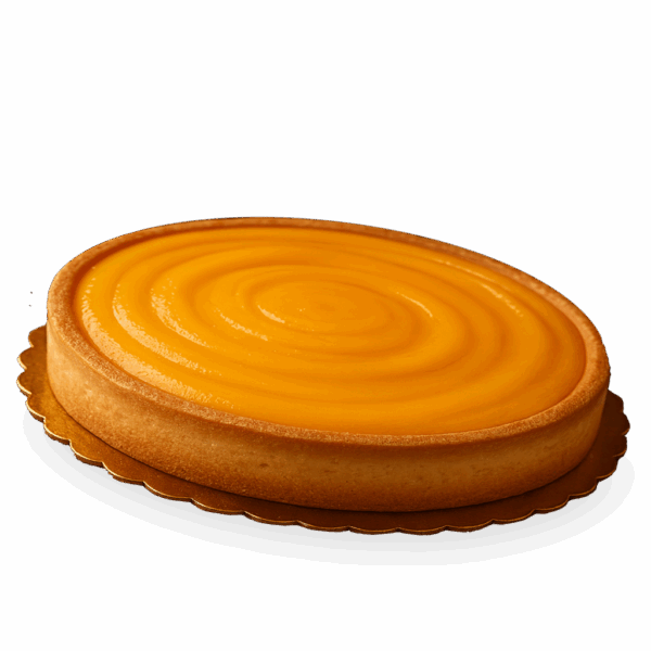 A golden, glossy mango tart with a smooth swirl design and buttery crust, surrounded by autumn leaves and pumpkins in warm Thanksgiving tones.